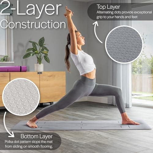 Core Balance TPE Yoga Mat with Alignment Lines 6mm Non Slip Foam Exercise Fitness with Travel Strap (Grey) — view 3
