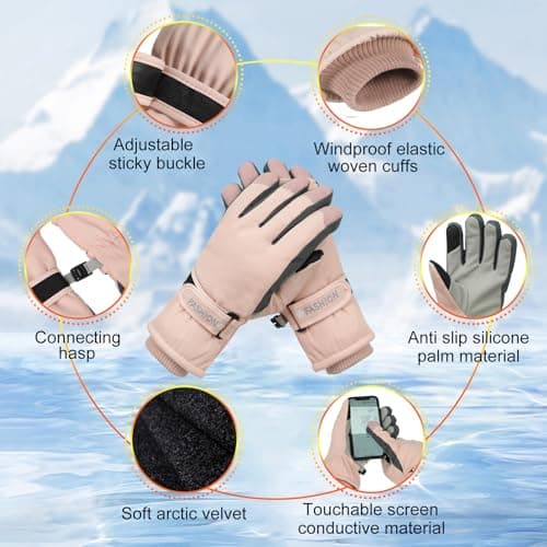 Adiwo Women's Touchscreen Ski Gloves, Winter Waterproof and Windproof Warm Gloves, Anti-Slip Thermal Thickened, Cold Protection, Women Winter Gifts, for Cycling, Running, Hiking, Snow Sports,Pink — view 3