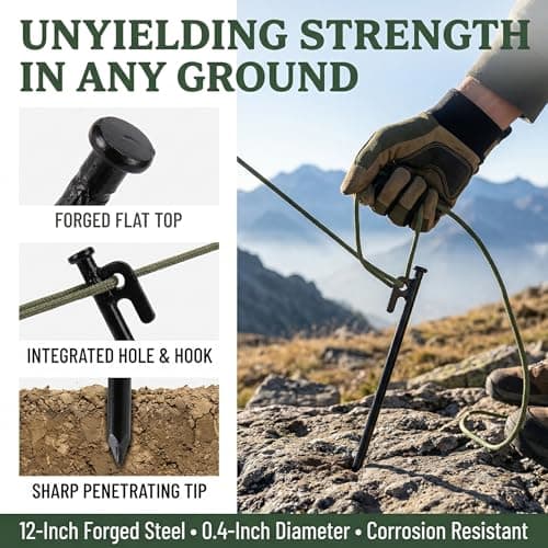 Suwimut 12 Pack Tent Stakes, 12 inch/30cm Black Forged Heavy Duty Steel Tent Pegs for Nailing Tents, Canopies, Tarps, Metal Ground Stakes for Outdoor Camping, Hiking, Backpacking — view 3