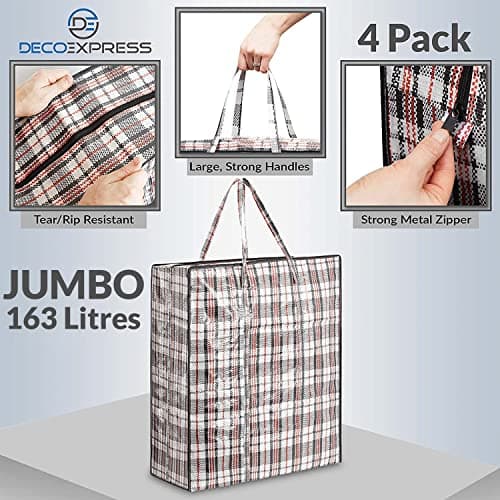 DECO EXPRESS Laundry Bags XXL, Pack of 4, 107L Strong, Durable & Reusable Extra Large Storage Bags with Zips, Ideal for Moving, Shopping, Packing, Laundry & Clothes Storage (76 X 59 X 24 CM) — view 5