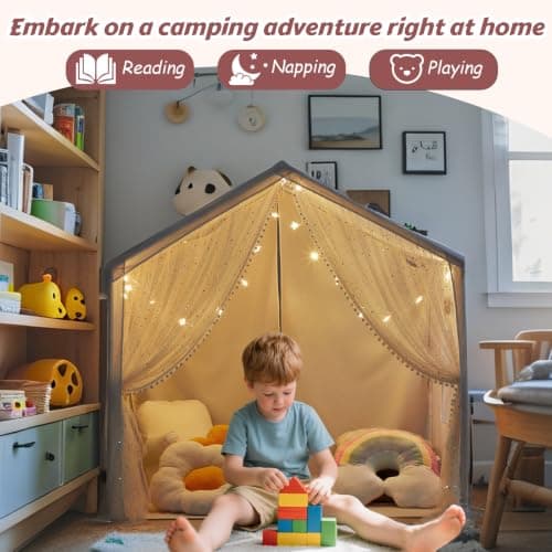 Kids Play Tent, Play Tent for Toddlers Age 3-12, Indoor Playhouse with Carry Bag, Safe PVC Frame & Breathable Cotton Canvas, Easy Setup, Encourages Imaginative Play (Beige) — view 6