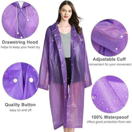 Cosowe Rain Ponchos for Adults Reusable, 2 Pcs Raincoats Emergency for Women Men with Hood and Drawstring, Purple — view 3