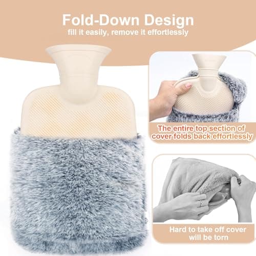 Bonilife Hot Water Bottle with Fluffy Cover, 2L Large Rubber Hot Water Bag with Hand Warmer Pocket Cover for Shoulder, Back, Period Pain Relief, Hot Water Bottle for Men Women Kids Adult-Grey — view 5