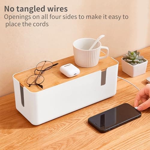 JJQHYC Cable Tidy Box Large Cable Box with Bamboo Lid Cable Management Box White Cable Organiser for Hiding Cables and Plugs — view 6
