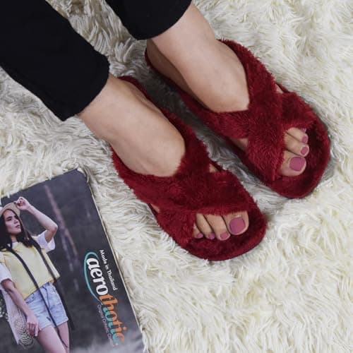 AEROTHOTIC Open Toe Slippers for Women Outdoor Arch Support Sandals Planter Fasciitis Relief Comfortable Soft Footbed & Stylish Straps with Non-Slip Sole Travel Fashion Slides Footwear, Lola Maroon, 3 — view 2