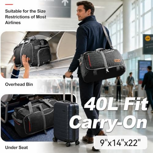 Travel Duffle Bag, 40L Foldable Carry On Luggage with Shoe Compartment, Water-Resistant Gym & Sports Bag for Men & Women, Airline Approved Underseat Cabin Bag for Overnight, Weekend & Camping Black — view 2