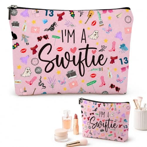 Canvas Travel Cosmetic Bag Pink Makeup Organizer Bag Music Lover Merch Gifts for Singer Fans Portable Make Up Storage Pouch Presents