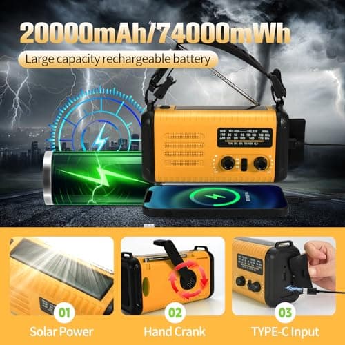 Wind Up Solar Radio, 20000mAh Emergency Hand Crank Weather Radio AM/FM — view 3