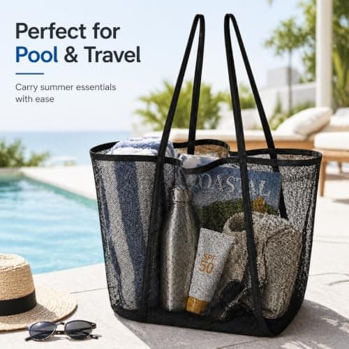 Crownflux Large Black Mesh Beach Bag for Men Women, Foldable Beach Tote — view 6