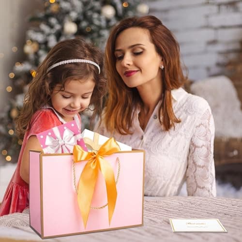 Pink Gold Gift Bags with Handles, 3pcs Medium Paper Present Bags with Bow Ribbon Tissue Papers and Greeting Cards, 28 * 20 * 10cm Gift Bag for Christmas Birthday Wedding Valentines Bridesmaid — view 6