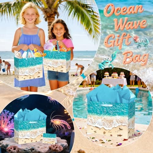 Beach Gift Bag with Tissue Paper and Card Summer Beach Goodie Candy Bags Seashell Blue Ocean Wave Summer Pool Party Favors Supplies for Holiday Birthday Wedding Luau Tropical Party — view 6