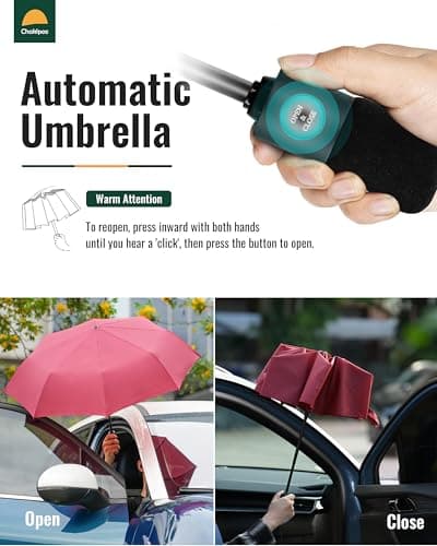 Chakipee Compact Travel Umbrella Windproof Strong- Automatic Folding Umbrellas for Wind and Rain, Portable 210T Fabric 106cm Span - 8 Ribs Portable Umbrella for Men and Women Red — view 2