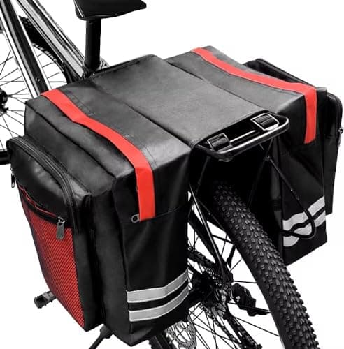Tyuodna 30L Waterproof Bike Pannier Bag, Double Rear Rack Bags with Reflective Stripe, for Commute, Travel and Picnic (Red)