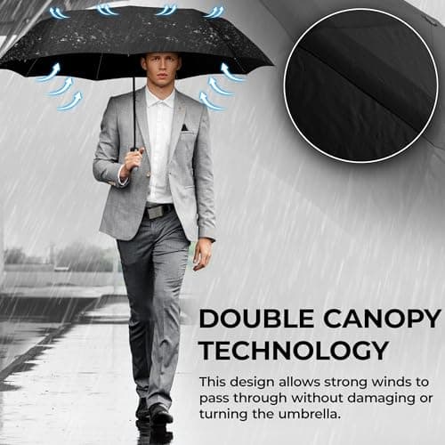 Umbrella Windproof Compact - Strong Storm Proof Frame + Auto Open Close | Women Mens Lightweight Small Travel Folding Golf Brolly + Double Canopy, Ergonomic Handle | Water Resistant Teflon Black — view 2