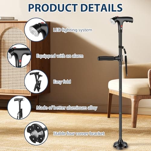 Folding Walking Cane with LED Light, Adjustable Collapsible Standing Canes with SOS Alarm, Pivoting Non Slip Quad Base, Heavy Duty Walking Sticks for Seniors Adults — view 3