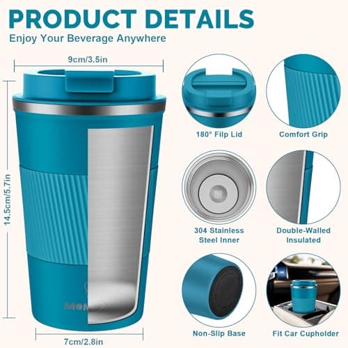 MOMSIV Coffee Cup, Insulated Coffee Cup with Leakproof Lid, Non-Slip Vacuum Reusable Stainless Steel Eco-Friendly Travel Office Mug for Hot and Cold Water Coffee and Tea, 380ml/13oz(Blue) — view 2