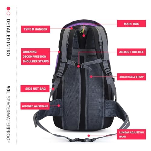 Bseash 50L Hiking Backpack, Water Resistant Lightweight Outdoor Sport Daypack Travel Bag for Camping Climbing Touring (Purple - No Shoe Compartment) — view 6