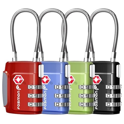 Fosmon TSA Accepted Cable Luggage Locks, 3 Digit Combination with Open Alert Indicator, Alloy Body and Release Button for Travel Bag, Suit Case & Luggage (4 Pack) - Black, Green, Red and Blue