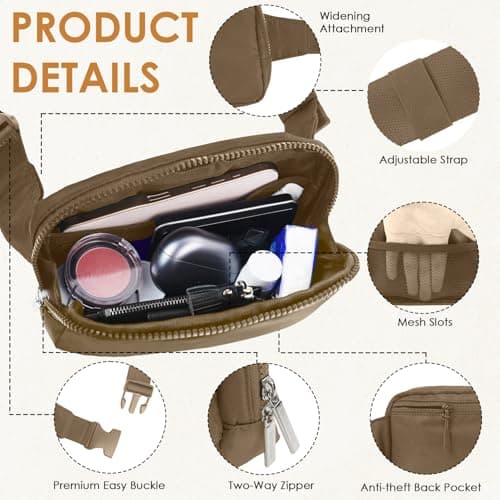 Bomvabe Small Fanny Pack with 2-Way Zipper for Women Tween Girls, Bum Bag for Ladies with 53" Adjustable Strap, Crossbody Bag for Travel Gym Running Hiking, Everywhere Belt Bag 1L Chocolate Brown — view 4