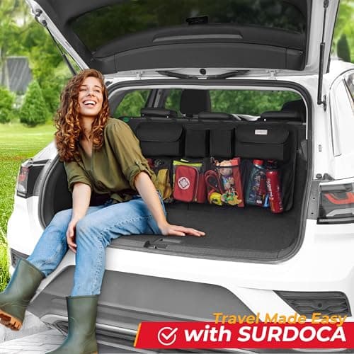 SURDOCA Car Boot Organizer, 4th Gen [8 Upgrades - XL] Super Capacity Auto Backseat Hanging Organizer, Car Boot Tidy Storage Bag with Lids, Space Saving Expert, Black — view 6