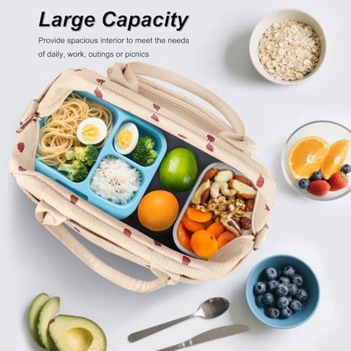 FITDON Insulated Lunch Bag for Women Men, Corduroy Cooler Bag Lunch Box Container Large Lunch Tote Bag for Work School Picnic Travel, Beige Strawberry — view 2