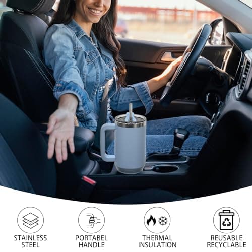 WATERSY Travel Mug Coffee Cup 40oz Tumbler Straw Lid and Handle, Stainless Steel Double Wall Vacuum Insulated Coffee Water Bottle Thermal for Cold Hot Coffee 1182ml Smog Blue — view 6