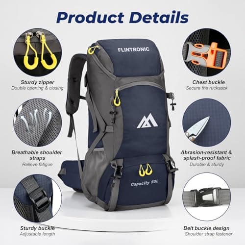 flintronic 50L Backpack, Ultra Lightweight Large Capacity Hiking Backpack, Waterproof Foldable Rucksack for Men Women Hiking Travelling Camping Outdoor Sports (Blue) — view 3