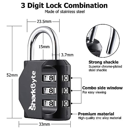 SharkByte Luggage Locks - 3-Dial Weatherproof Outdoor Security Combination Padlock, Small Travel Lock for Suitcases Luggage Case Travel Bag Gym Lockers Code Padlock (Pack of 1) — view 2