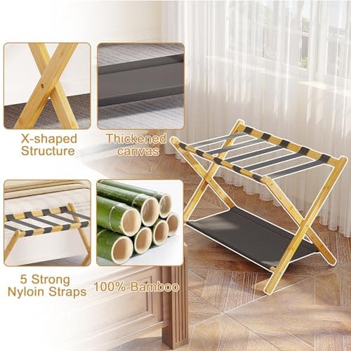 BAMBOOHOMIE Bamboo Luggage Rack for Guest Room, 26.77" Folding Wide Suitcase Stand with Fabric Storage Shelf, Luggage Stand Holder for Bedroom Hotel, Luggage Rack for Suitcasess (2 Pack - Natural) — view 2