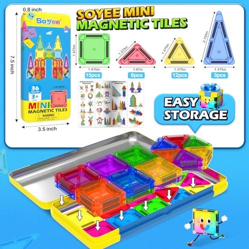 Mini Magnetic Tiles Travel Set with Metal Tin Box, Building Toys for Kids Ages 3-8 Portable Montessori STEM Travel Toys for Boys & Girls Christmas Birthday Gifts — view 5