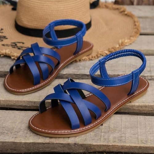Women's Sandals UK Slingback Flat Feet Leather Roman Sandals Women Casual Travel Breathable Flip Flop Womens Wide Fit Slippers Ladies Summer Beach Shoes for Indoor and Outdoor Size 3.5-7.5 Blue — view 3