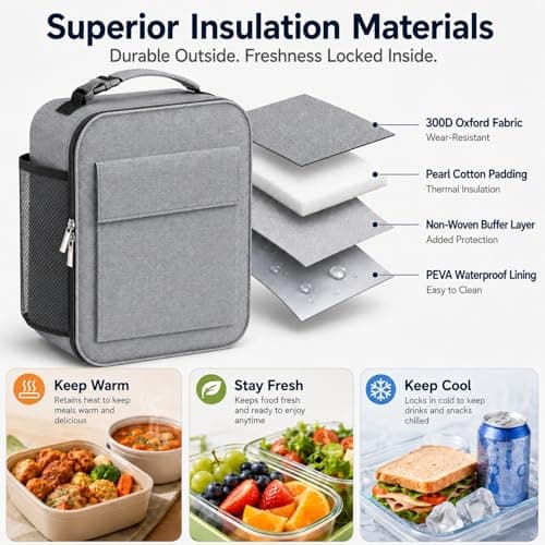 Lunch Bag for Men Women, Reusable Large Capacity Insulated Lunch Bag with Handle, Front Pocket and Side Mesh Holder, Portable Cool Bag for Work School Travel Picnic, Grey — view 5