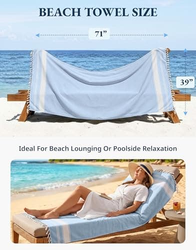 LANE LINEN Oversized Turkish Beach Towels – 4 Pack, 39"x71" Cotton Rich & Quick Dry Travel Towels for Adults, Lightweight & Pre-Washed for Soft Feel, Sky Blue — view 4