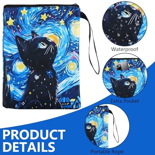 LHLZNB 3PCS Starry Night Black Cat Book Pouch Set, Waterproof Book Sleeve 22.3x29.5cm with 2 Alloy Cat Keychains Black White Heart for Book Lovers — view 6
