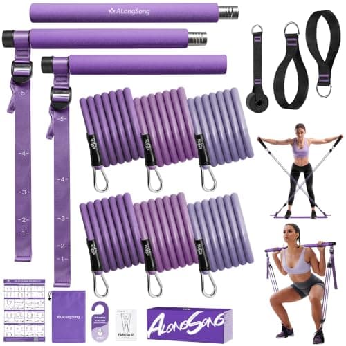 ALongSong Pilates Equipment Pilates Reformer Bar Set With 6 Elastic Resistance Bands 20-180LBS & Door Anchor for Full-Body Fitness Toning & Muscle Building | Home Workout/Gym/Travel-Purple