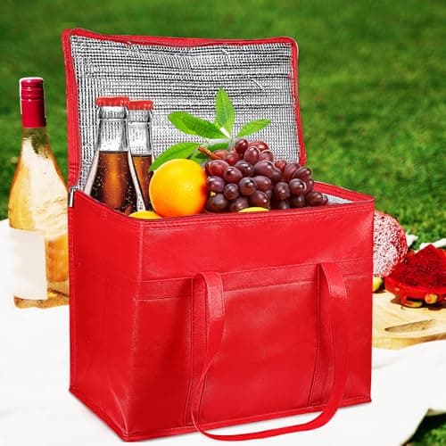 HOMSFOU 4pcs Large Insulated Grocery Bags Set Jumbo Thermal Tote Cooler Bags with Zippered Top Foldable Non-woven Fabric Lunch for Food and Travel 41x23x33cm Red — view 4
