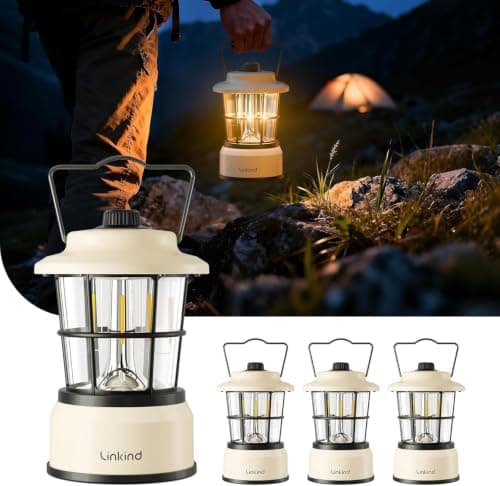 Linkind Camping Light Battery Powered, Retro Style Dimmable Warm White and Daylight Waterproof Camping Lamp, Up to 200H Run Time, Portable Atmosphere Tent Lights for Indoor & Outdoor Use, 4 Pack