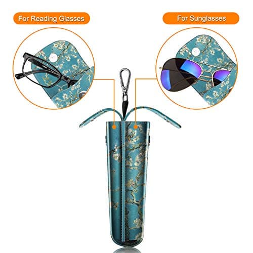 FINTIE Double Glasses Case with Carabiner Hook, Portable Vegan Leather Dual Eyeglasses Bag Anti-scratch Sunglasses Pouch, Spectacle Cases for Women Men, Blossom — view 3