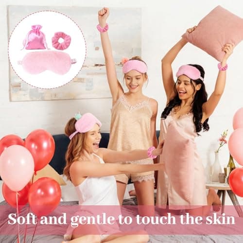12 Pcs Sleepover Party Supplies for Girls,Girls Sleepover Supplies with Plush Sleep Eye Mask Hair Scrunchies Storage Bag (Pink) — view 4