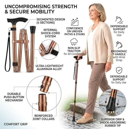 Adjustable Foldable Walking Stick for Men & Women | Lightweight, Ergonomic Cane | Collapsible & Portable Mobility Aid with Non-Slip Base & Wrist Strap | Ideal for Elderly & Travel - 85-95cm Height — view 3
