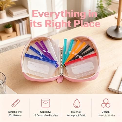 A8 Waterproof Pill Organizer Set,Pill Organiser with 14 Color-Coded Pill Pouch,7-14 Day Zipper Pill Pouches for Travel,Reusable Weekly Medicine Organiser Binder,Portable Dosset Box for Vitamin (Pink) — view 3