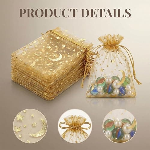 Hopzab 30 PCS Organza Bags with Drawstring Mesh Jewellery Bags Small Gift Pouches,Star and Moon Pattern,for DIY Gift Wrapping Storage,Baby Shower Wedding Birthday Party Festival(Gold) — view 3
