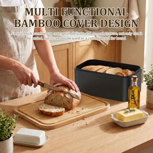 ZEJEXXB Bread Bin with Bamboo Cutting Board Lid and Cotton Bag Metal Bread Storage Container with Airy Holes to Keep Toast Fresh for Loaves, Pastries, Rolls(Black) — view 6