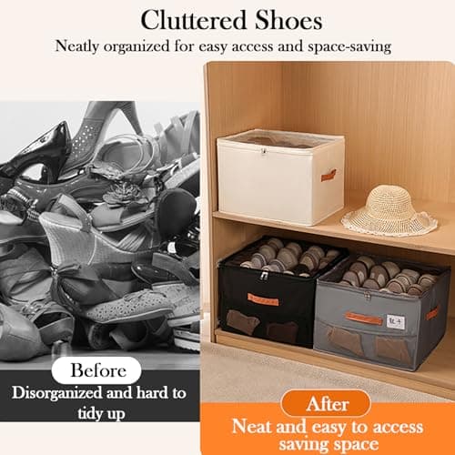HZXYchen Shoe Storage Organizer, Shoe Organiser Fits 16 Pairs, Shoe Box Storage Containers with Clear Cover & Handles, Foldable Storage Bins with Sock Storage Net Fit for Boots Heels Sneakers (khaki) — view 4