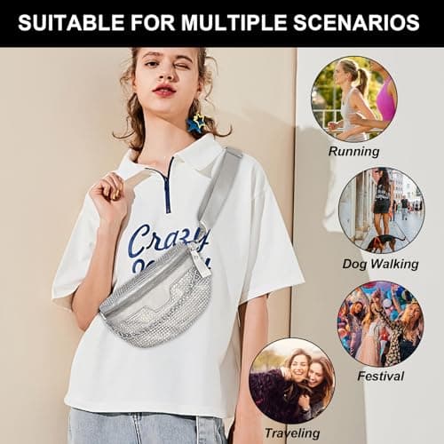 Long Keeper Sparkly Bum Bag Fanny Pack for Women Teen Girls Rhinestones Waist Bag Party Holographic Bumbags Ladies Shiny Bling Bag Cross Body Chest Bag (White) — view 6