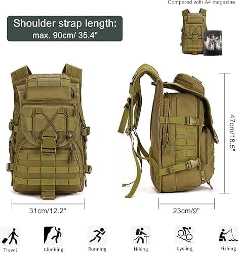 HUNTVP Tactical Backpack 40L, Military Backpack Molle Rucking Rucksack Large Rucksacks Pack Army Brown Bag for Men Women Camping Hiking Fishing Hunting Travelling Trekking — view 2