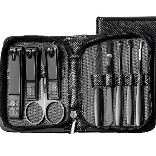 9pcs Mens Nail Grooming Kit, Stainless Steel Manicure Set with Leather Case