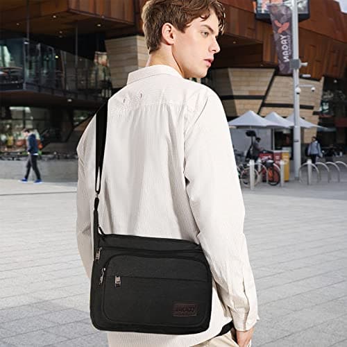JAKAGO Canvas Messenger Bag Mens/Women Shoulder Bag with Multiple Pockets for School Travel Outdoor Fishing Camping Work Daily Use (15 inch,Black) — view 2