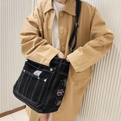 drburpily Shopping Pouch Shoulder Bag Women Denim Tote Bag Large Capacity Daily Beach Trips Or School Needs Birthday Or Anniversary. Lightweight Womens Denim, Black, 35x14x32cm — view 6