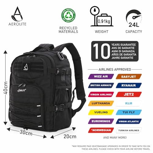 Aerolite 40x30x20cm Ryanair & Wizz Air Max 24L Tactical Backpack Water-Resistant Camping Hiking Trekking Travel Carry On Hand Cabin Luggage Flight Rucksack Bag 40x30x20 Ryanair Wizz Air Approved Black — view 2